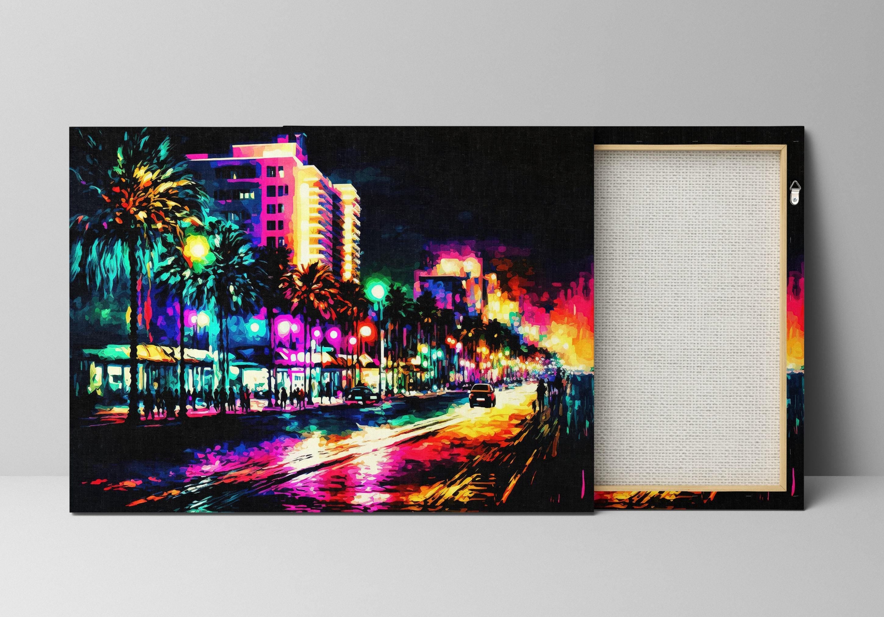 South Beach Canvas Art - Miami Skyline Art | Colorful Painting Print on Gallery-Ready Canvas