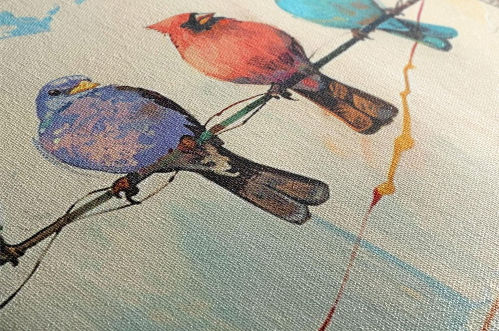 a close-up view of a painting or artwork depicting colorful birds perched on a branch.