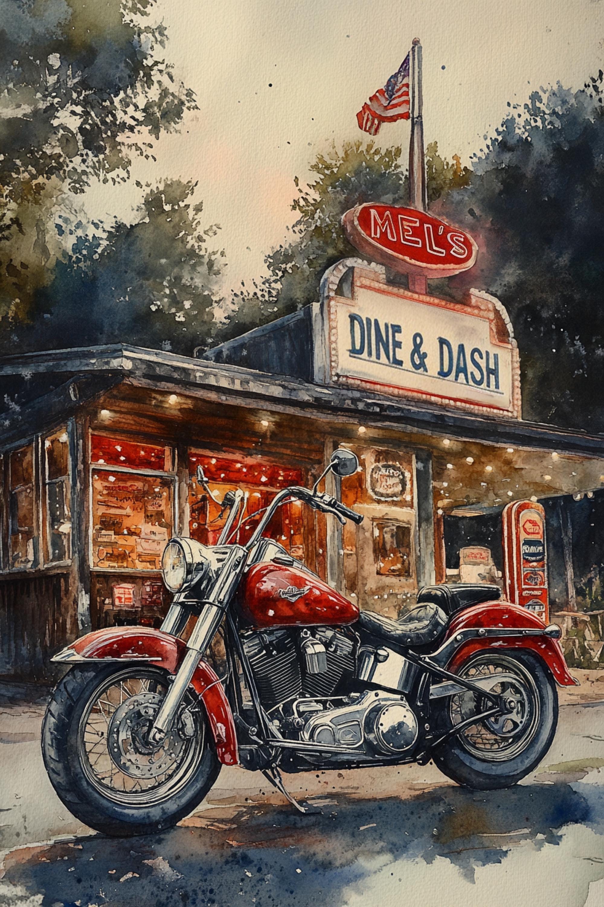 A red motorcycle parked in front of a restaurant called "MEL'S DINE & DASH", with an American flag flying above the building.
