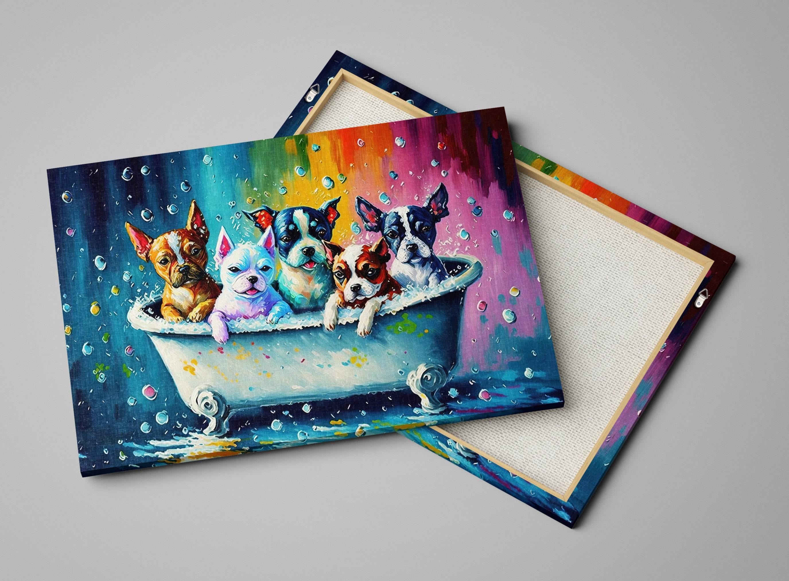 Dogs in Tub Art – Vibrant Puppy Canvas Print with Playful Bathroom Dog Scene