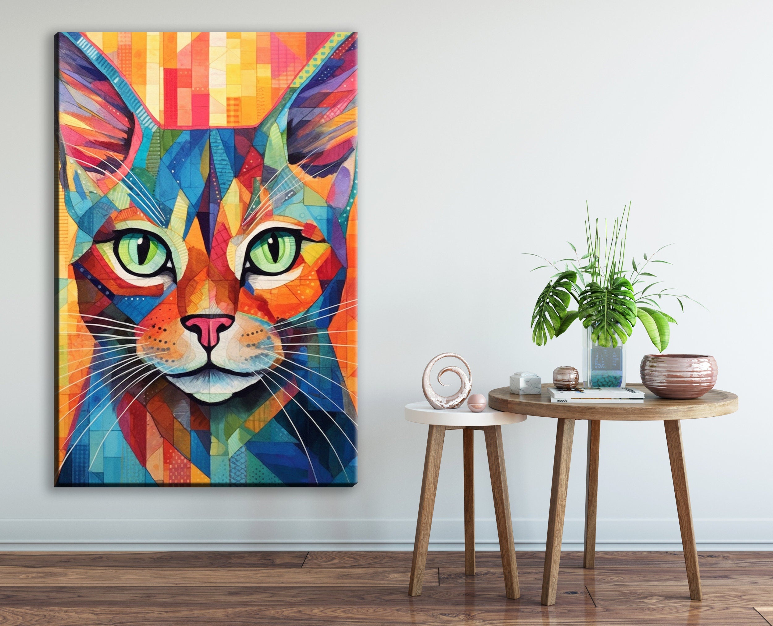 Cat Canvas Wall Art - Large Colorful Cat Portrait with Abstract Pop Art Painting