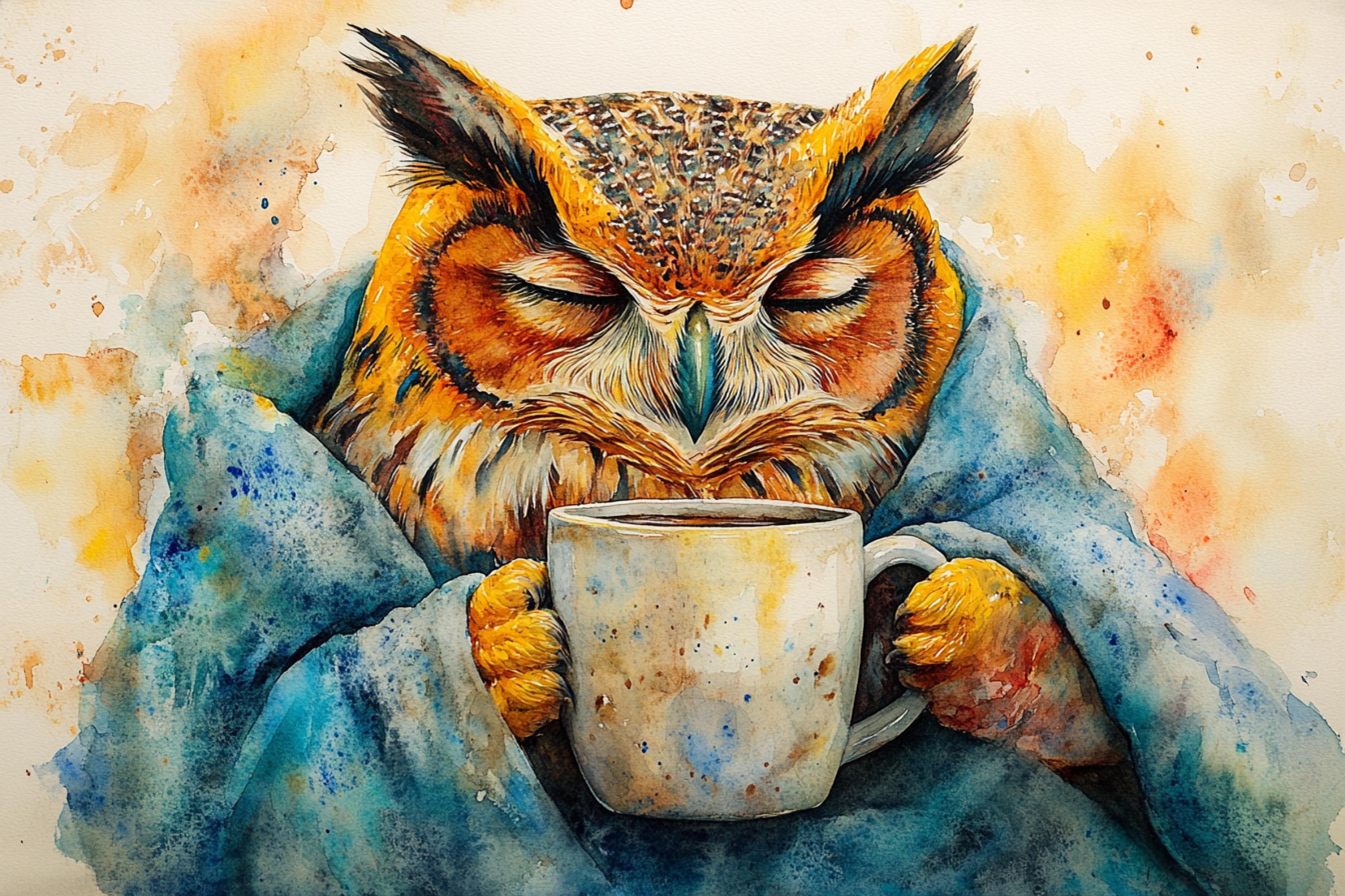 An owl wrapped in a blue blanket is holding a mug of coffee, with its eyes closed and appearing to be in a relaxed state.