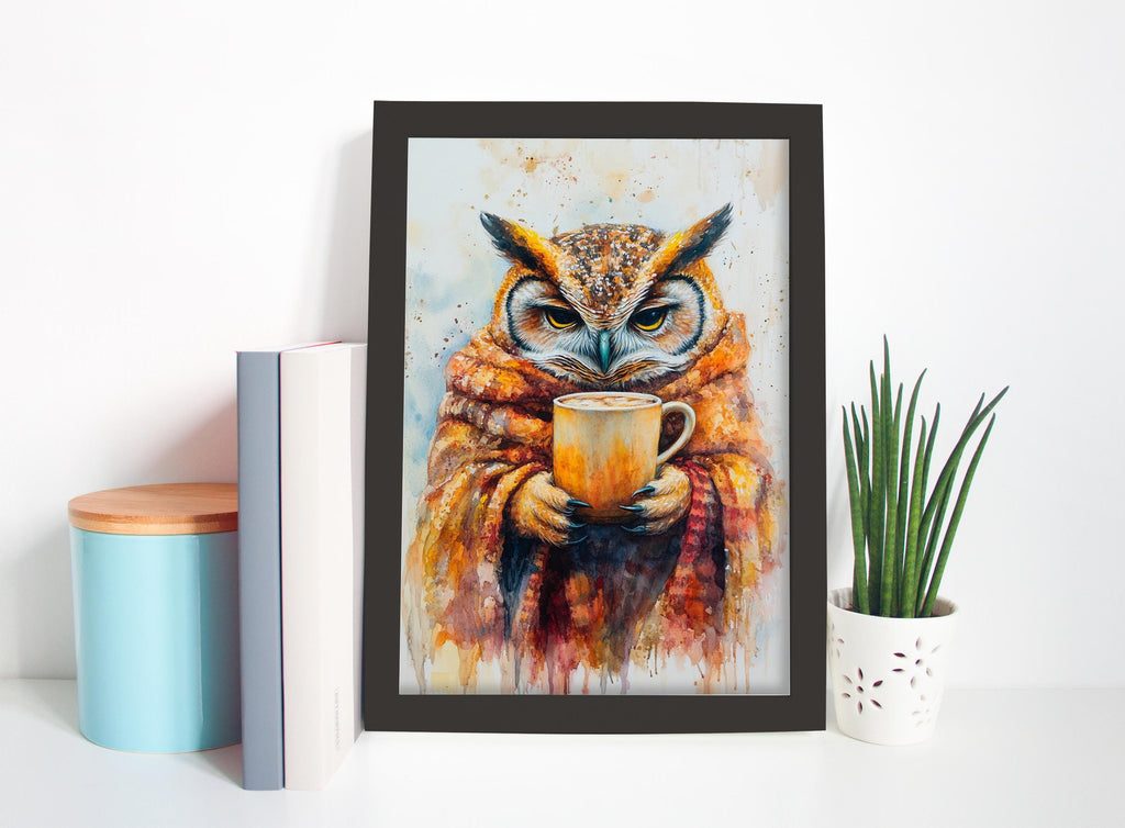 a framed painting of an owl holding a cup, surrounded by various objects such as books, a blue container, and a potted plant.