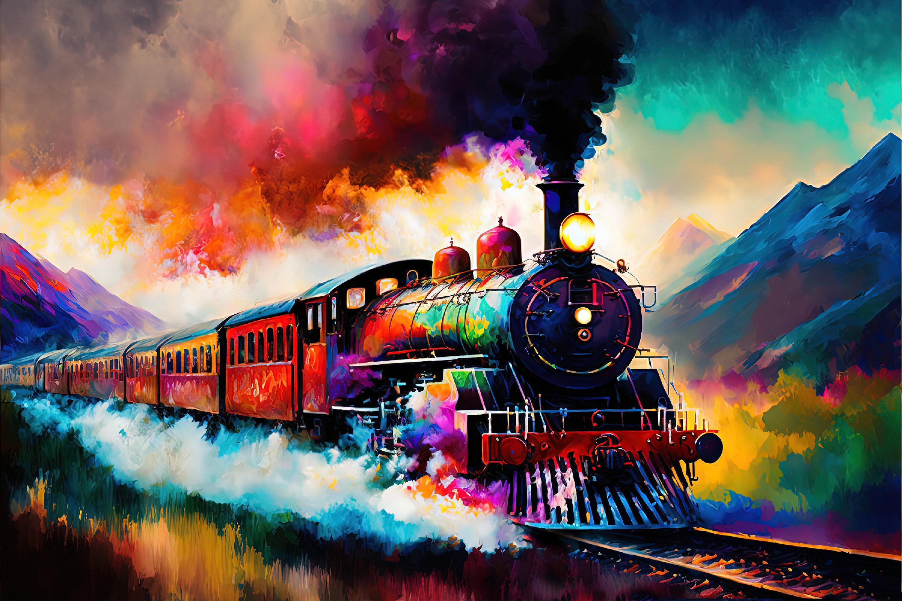 A vibrant, colorful painting depicting a steam locomotive pulling passenger cars through a mountainous landscape, with dramatic clouds and smoke billowing from the locomotive's smokestack.