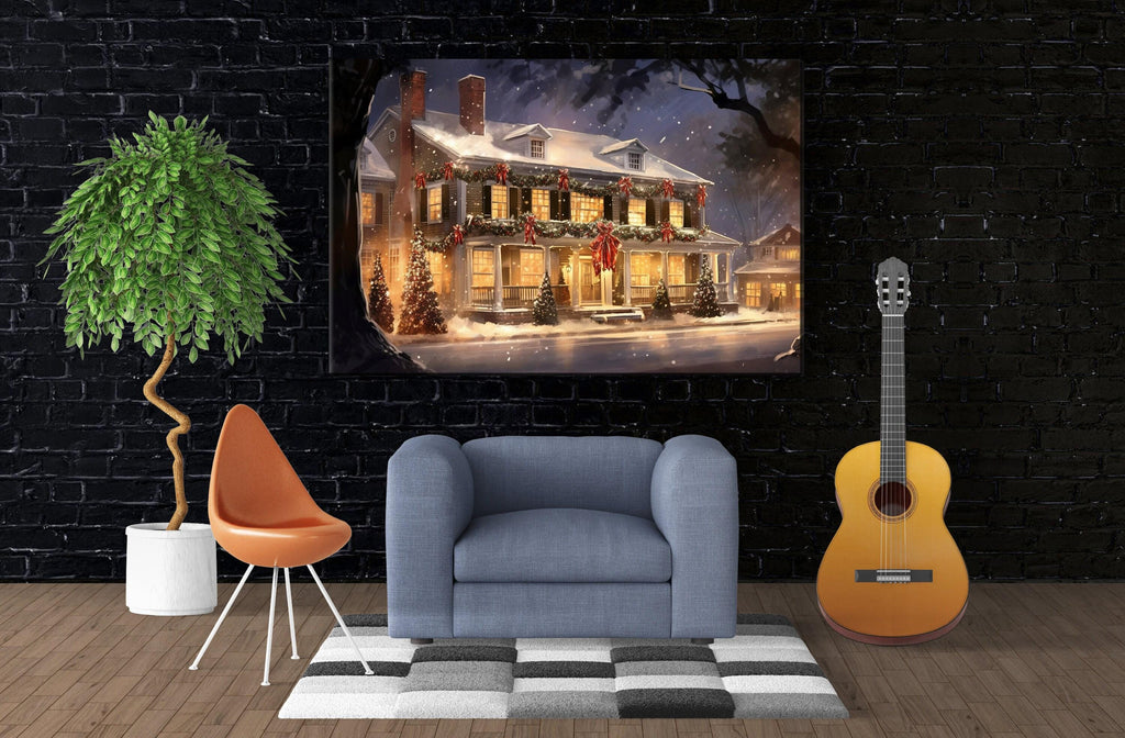 Cozy Christmas House Print - Holiday Wall Art on Gallery Wrapped Canvas, Extra Large Sizes