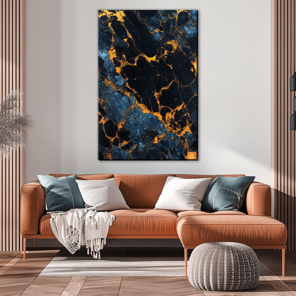 a living room with a couch and a painting on the wall