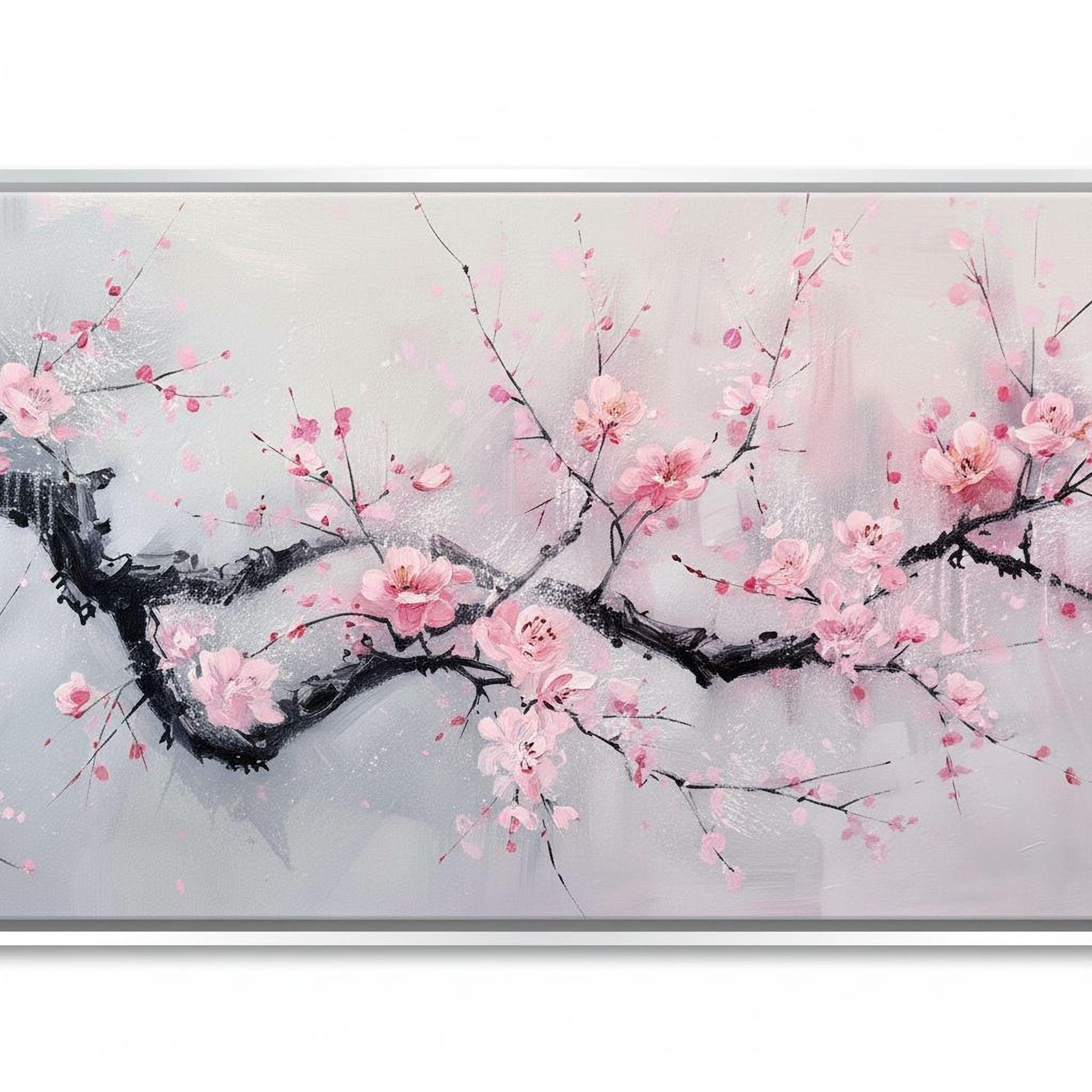 A painting of a branch with pink flowers against a light gray background.