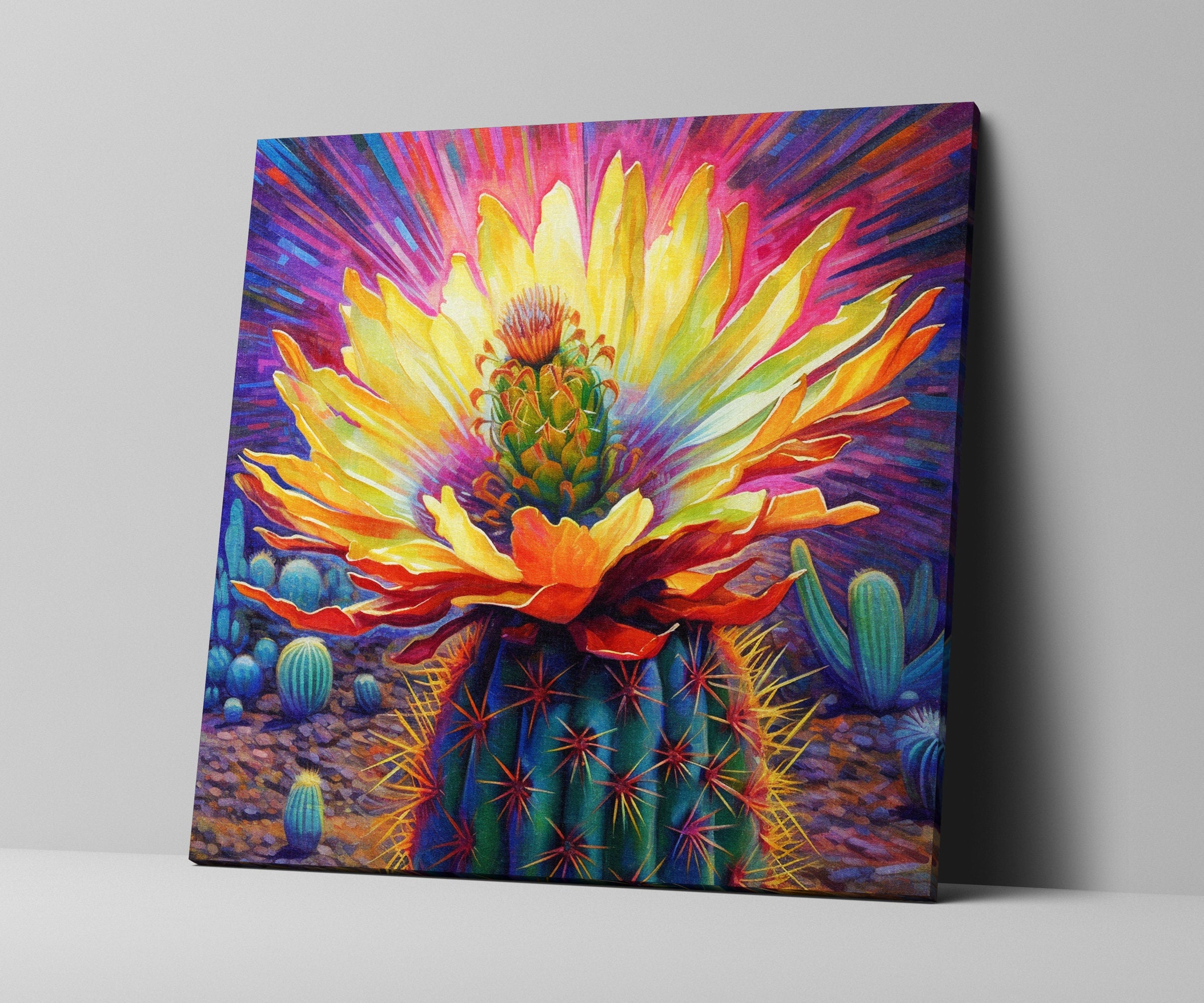 Saguaro Bloom Canvas – Vibrant Desert Cactus Art | Large Colorful Wall Print