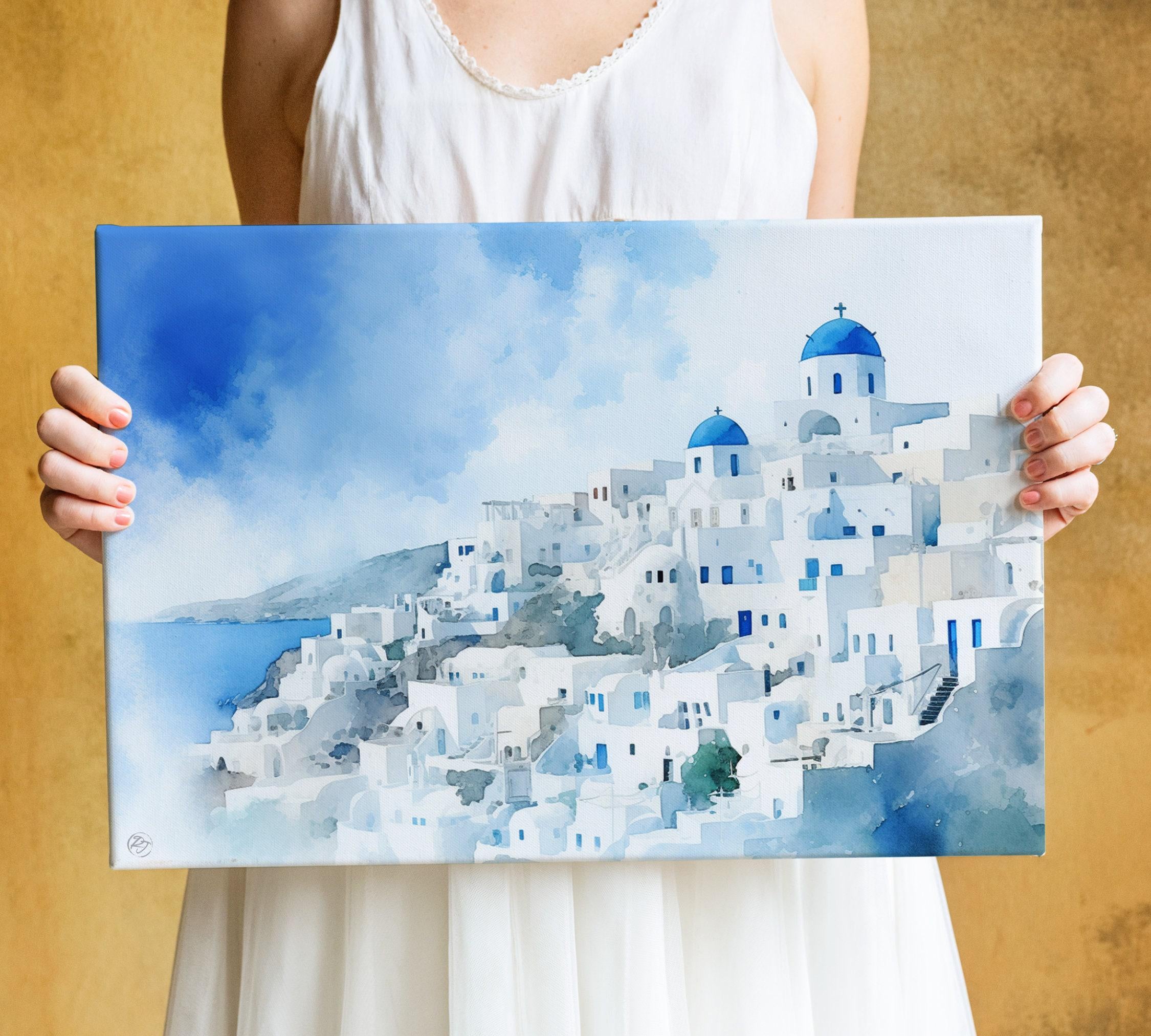 Aegean Bliss: Santorini Sunset Watercolor Wall Art, Giclee Print on Canvas, Artist Paper, Watercolor Paper, Available in Extra Large Sizes