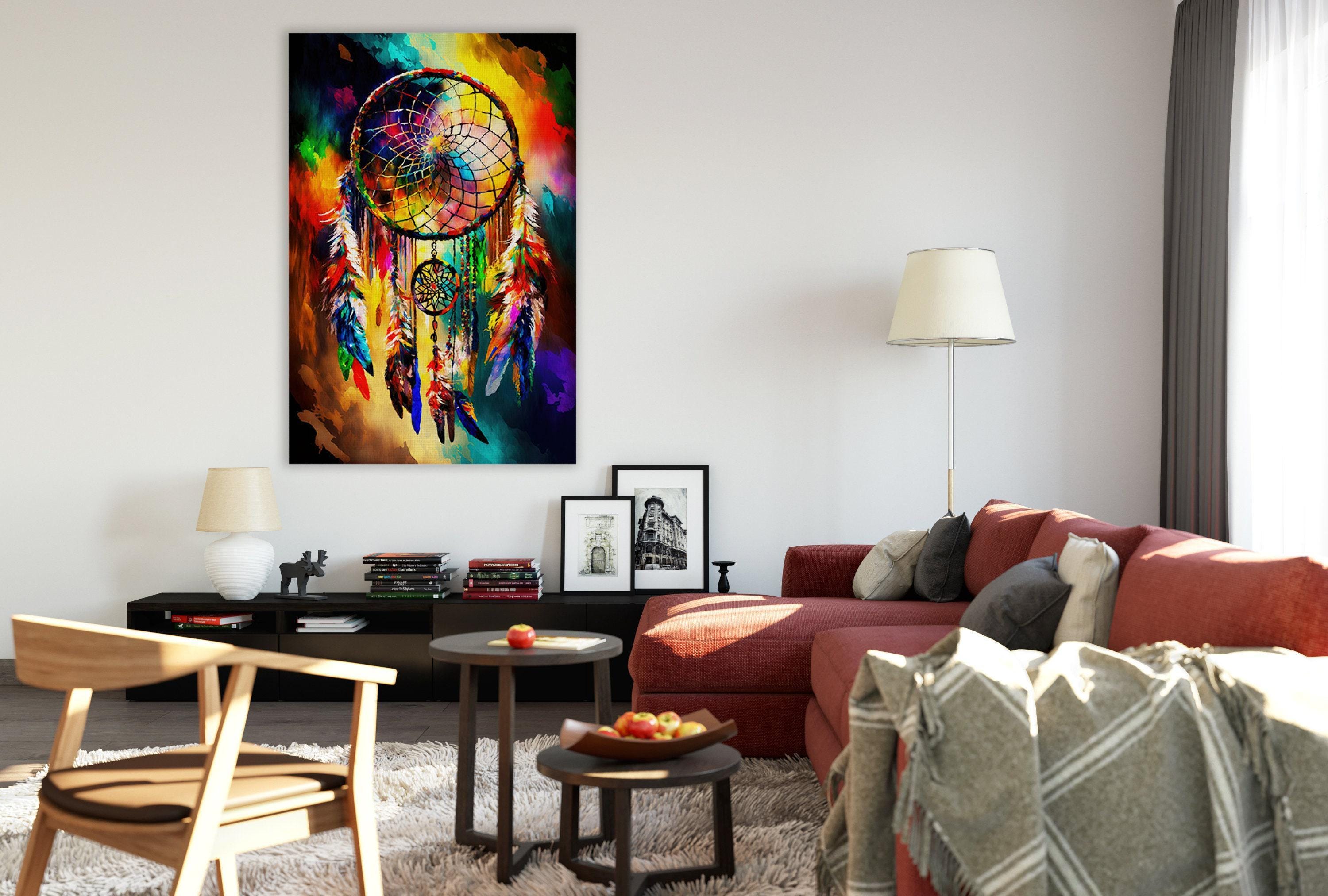 Dreamcatcher Art Print – Native American Canvas with Vibrant Peacock Design