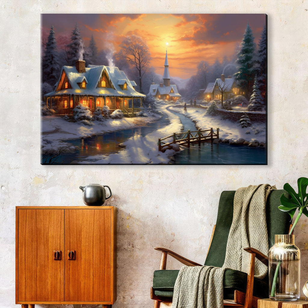 Christmas Canvas Art – Snowy Village Rustic Winter Landscape Print on Gallery Wrapped Canvas
