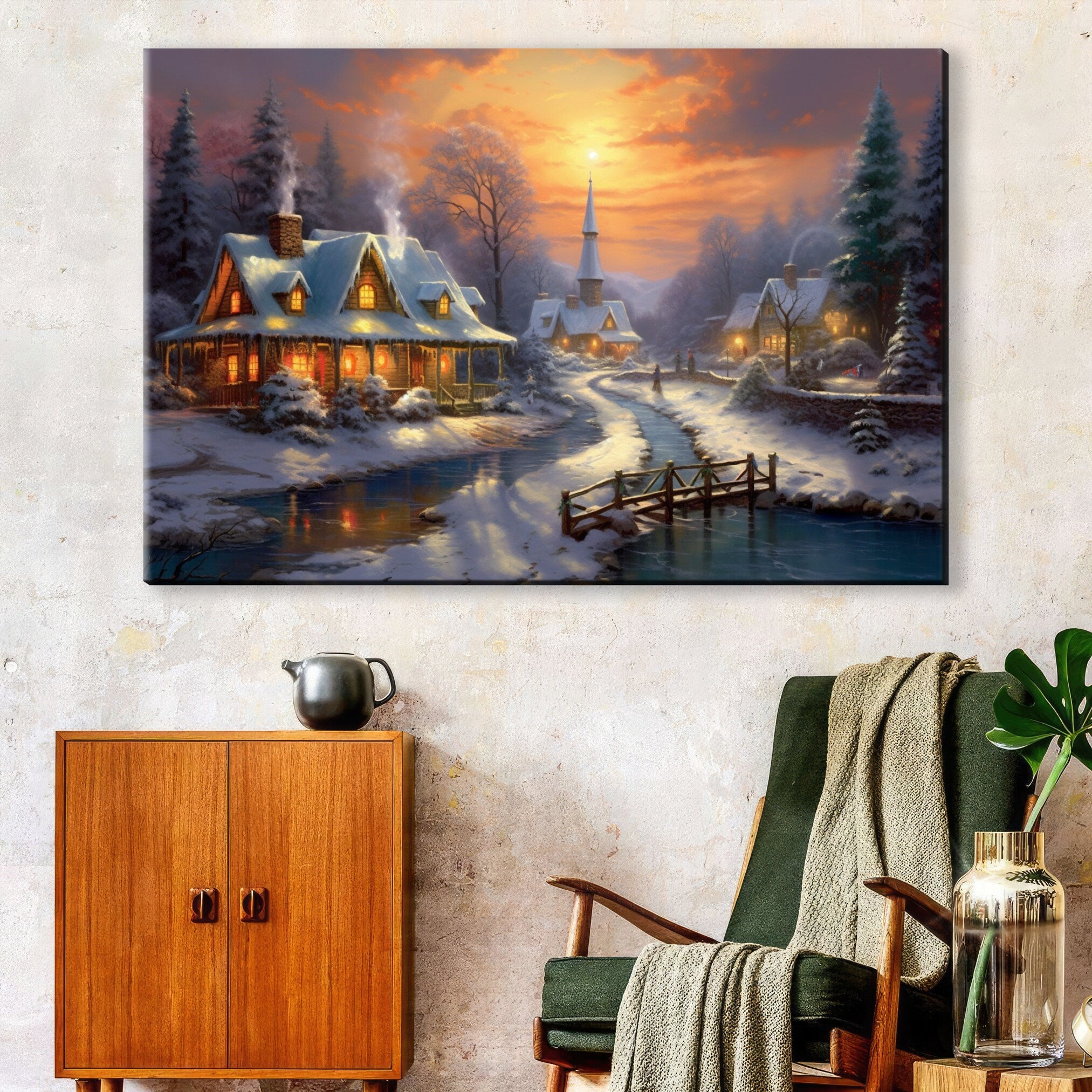 Christmas Canvas Art – Snowy Village Rustic Winter Landscape Print on Gallery Wrapped Canvas