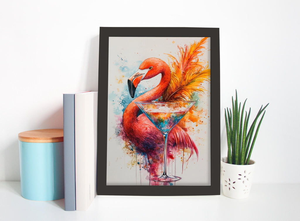 a framed painting of a flamingo with a martini glass in its beak, surrounded by splashes of color.