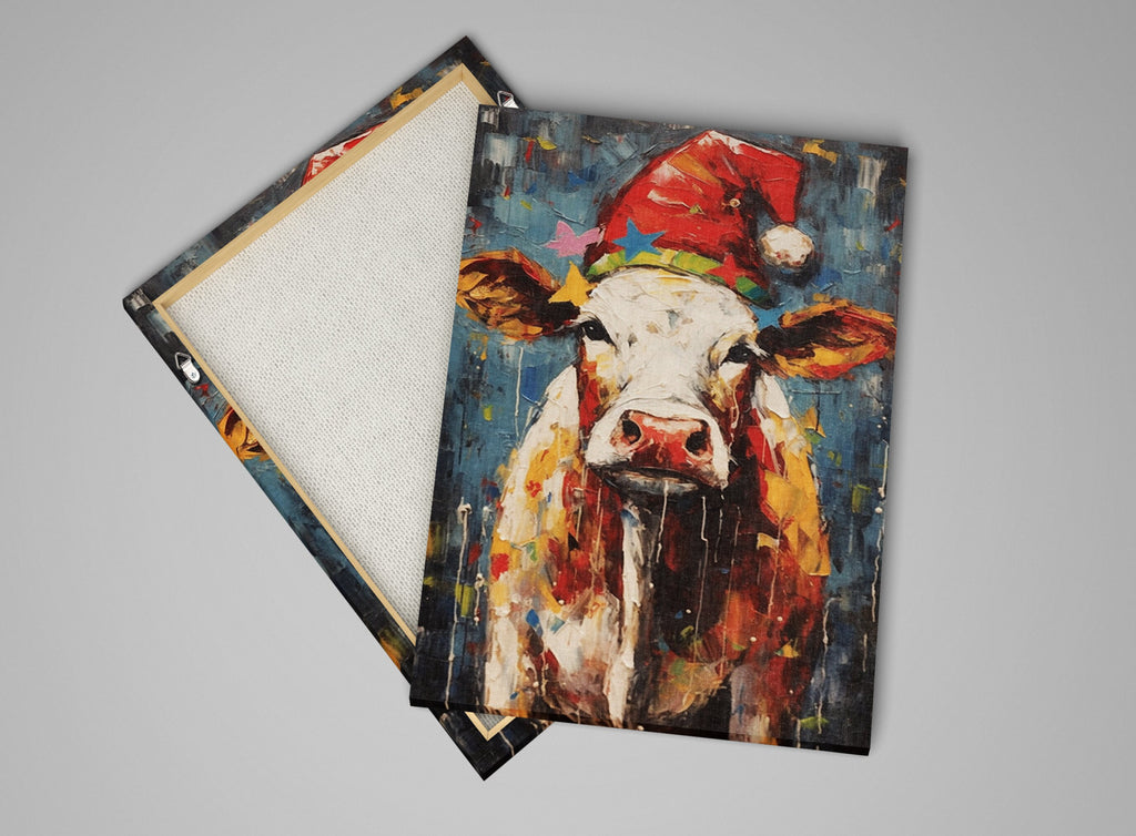 Festive Cow Canvas - Whimsical Christmas Wall Art | Holiday Farm Art Print