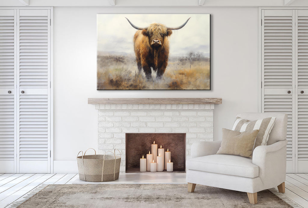 Highland Cow Wall Art – Extra Large Canvas | Rustic Farmhouse Decor Print