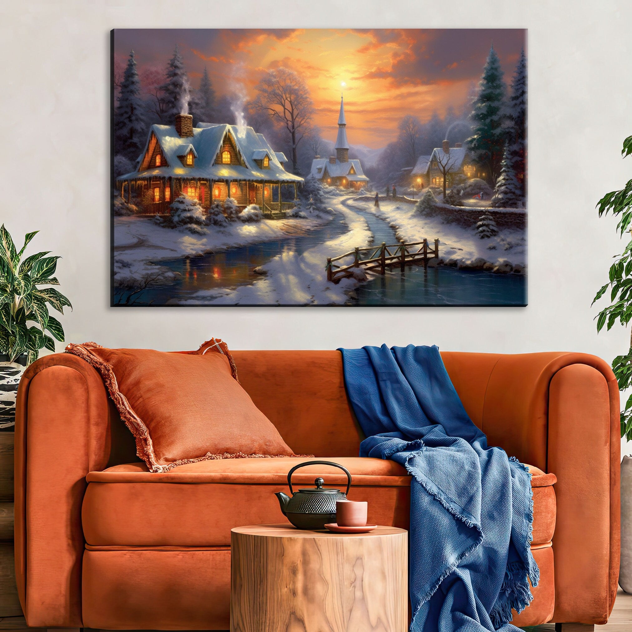 Christmas Canvas Art – Snowy Village Rustic Winter Landscape Print on Gallery Wrapped Canvas