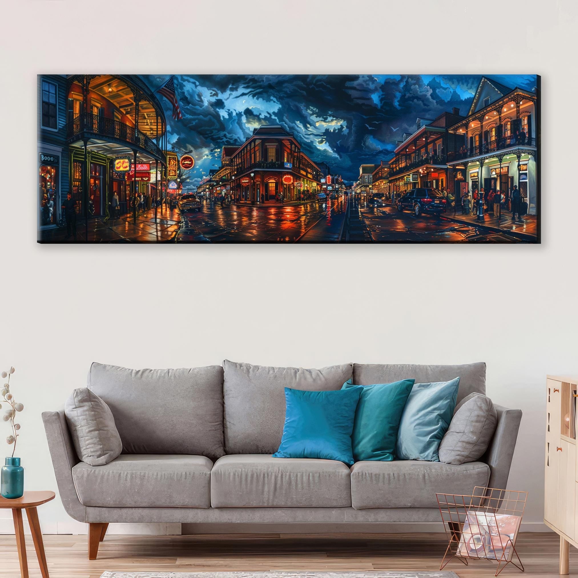 a living room with a couch and a painting on the wall