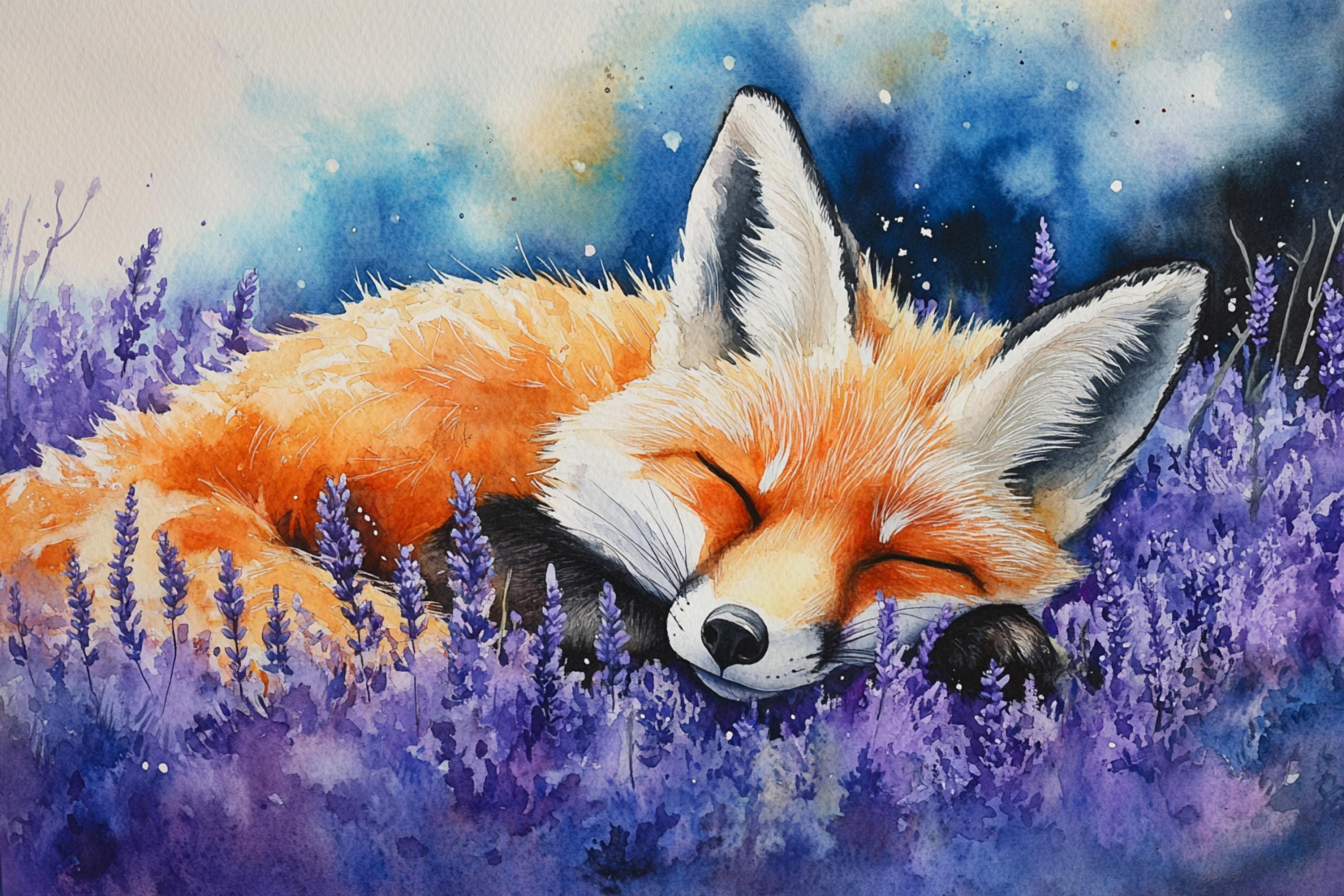 A sleeping fox rests peacefully in a field of purple flowers, surrounded by a serene and tranquil atmosphere.