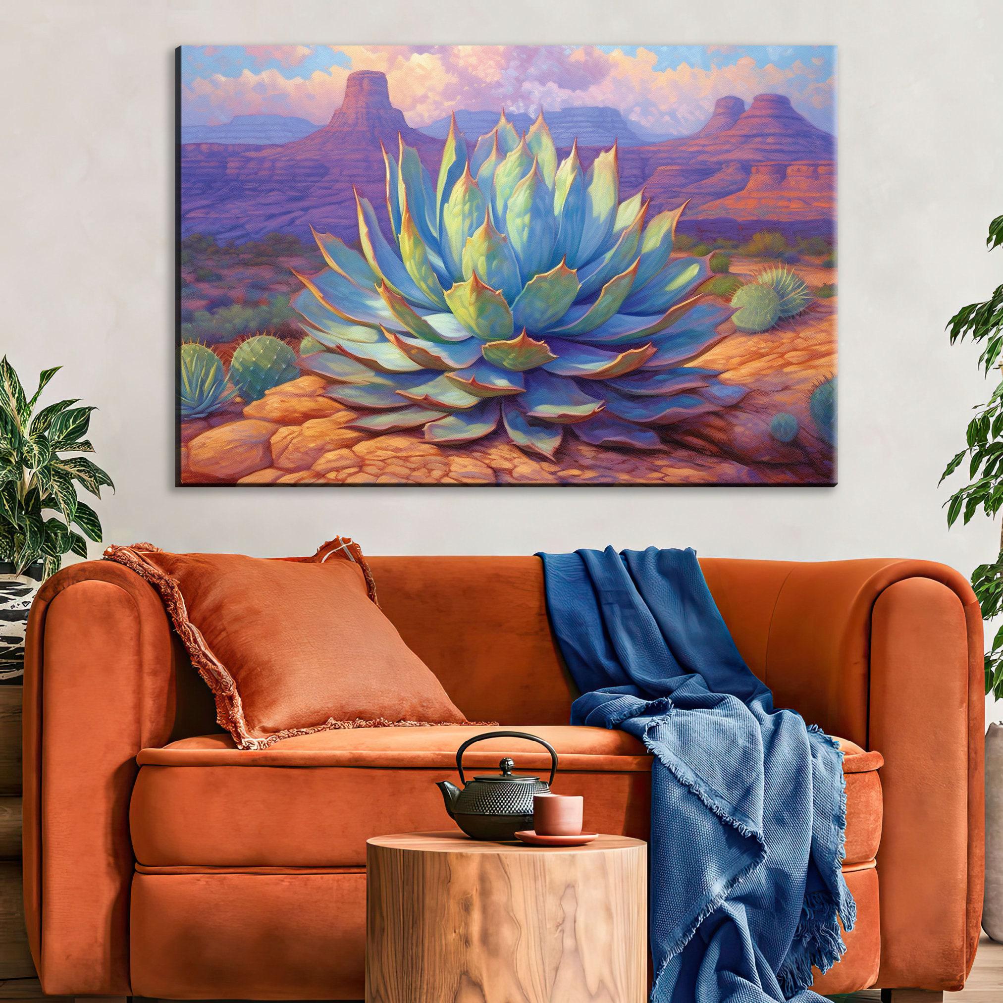 Blue Agave Canvas Art – Desert Pastel Painting on Gallery Wrapped Canvas, Extra Large