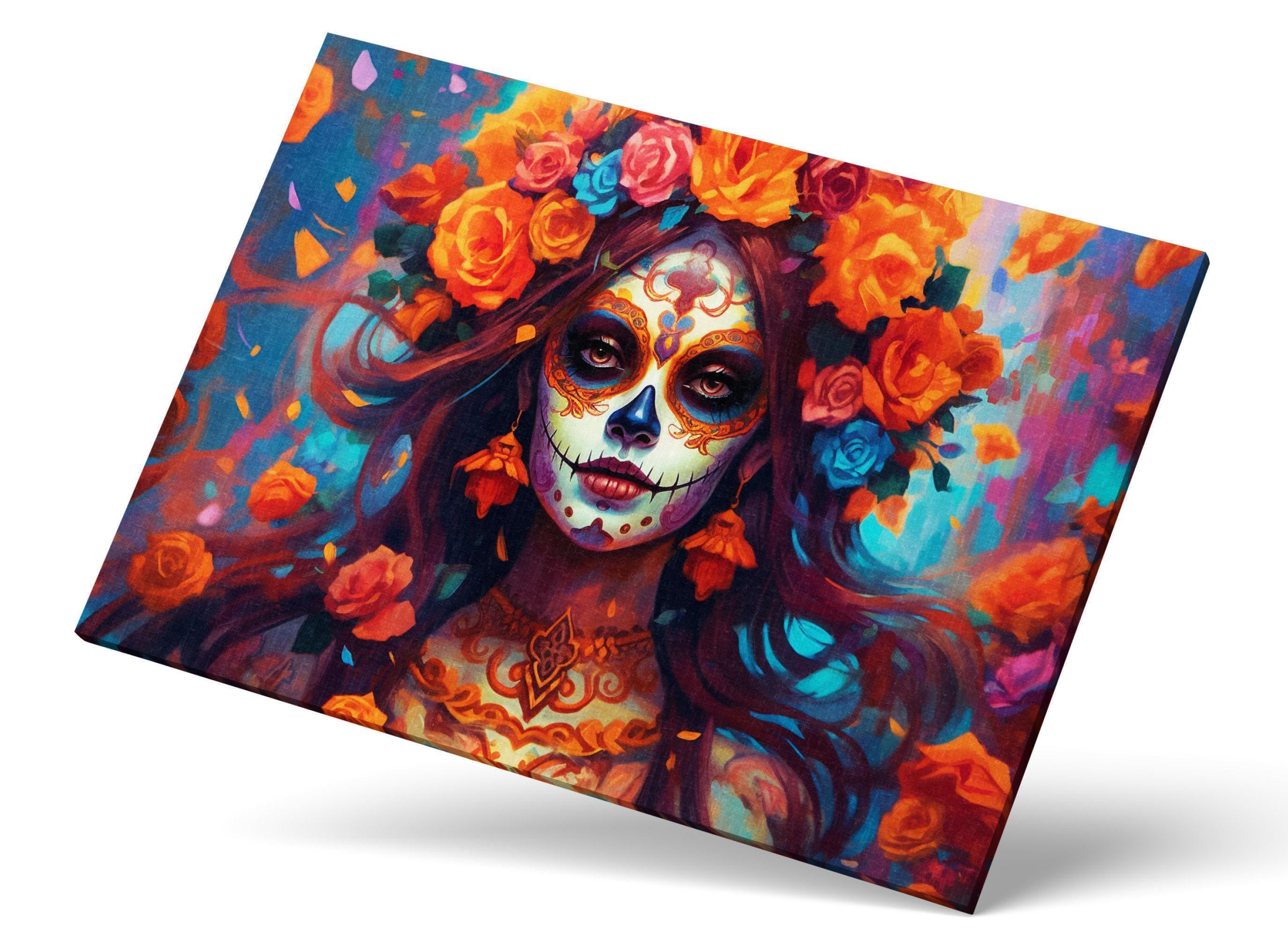 The image is a vibrant and colorful depiction of a Day of the Dead-inspired portrait, featuring a woman with intricate floral headpiece and makeup, surrounded by a riot of orange and pink flowers.
