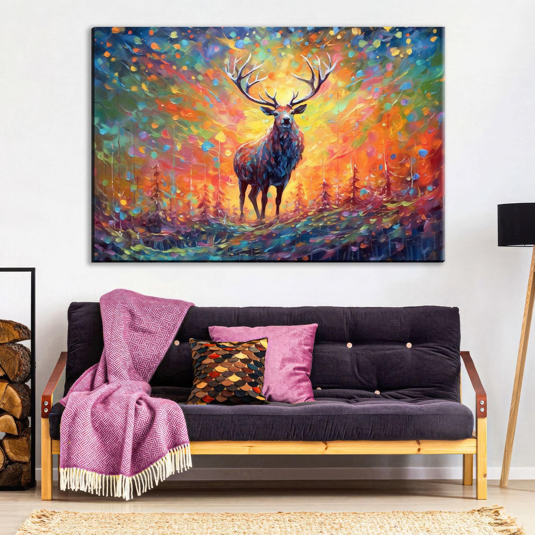 Colorful Reindeer Painting - Large Christmas Canvas Art | Rustic Holiday Wall Decor