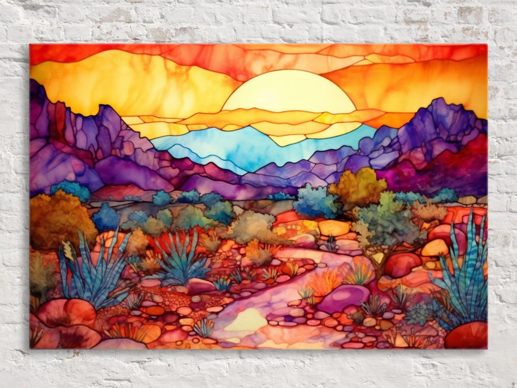 A vibrant, colorful landscape painting depicting a desert scene with mountains, plants, and a bright sun in the sky.