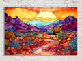 A vibrant, colorful landscape painting depicting a desert scene with mountains, plants, and a bright sun in the sky.