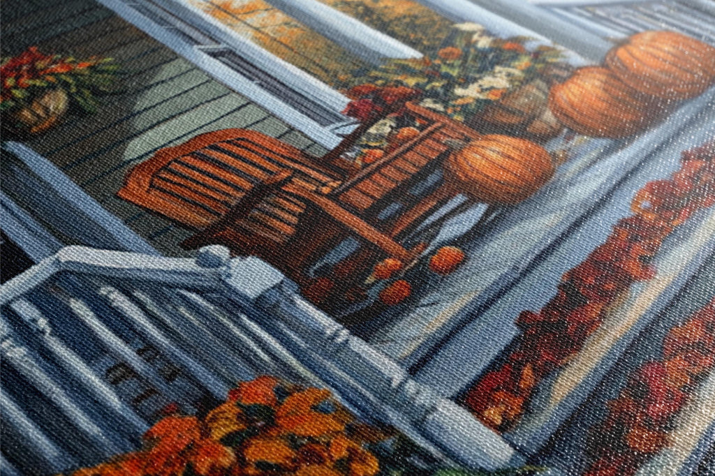 a porch with a wooden bench and several pumpkins, surrounded by flowers and plants.