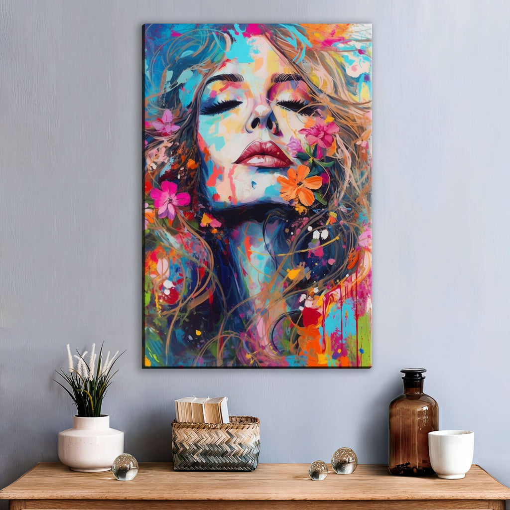 Woman Face Canvas - Large Floral Female Decor | Expressive Modern Art Print