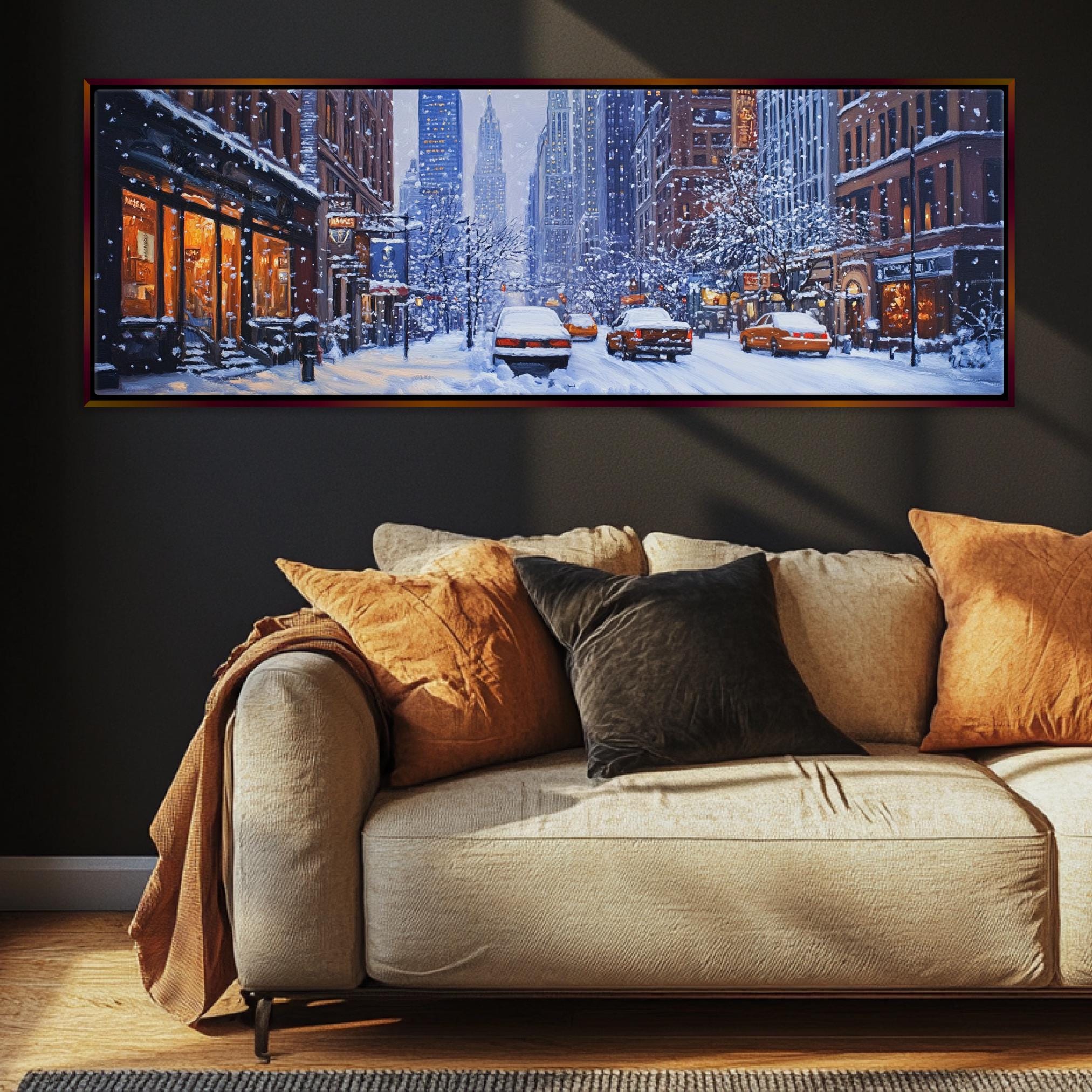 a living room with a couch and a painting on the wall