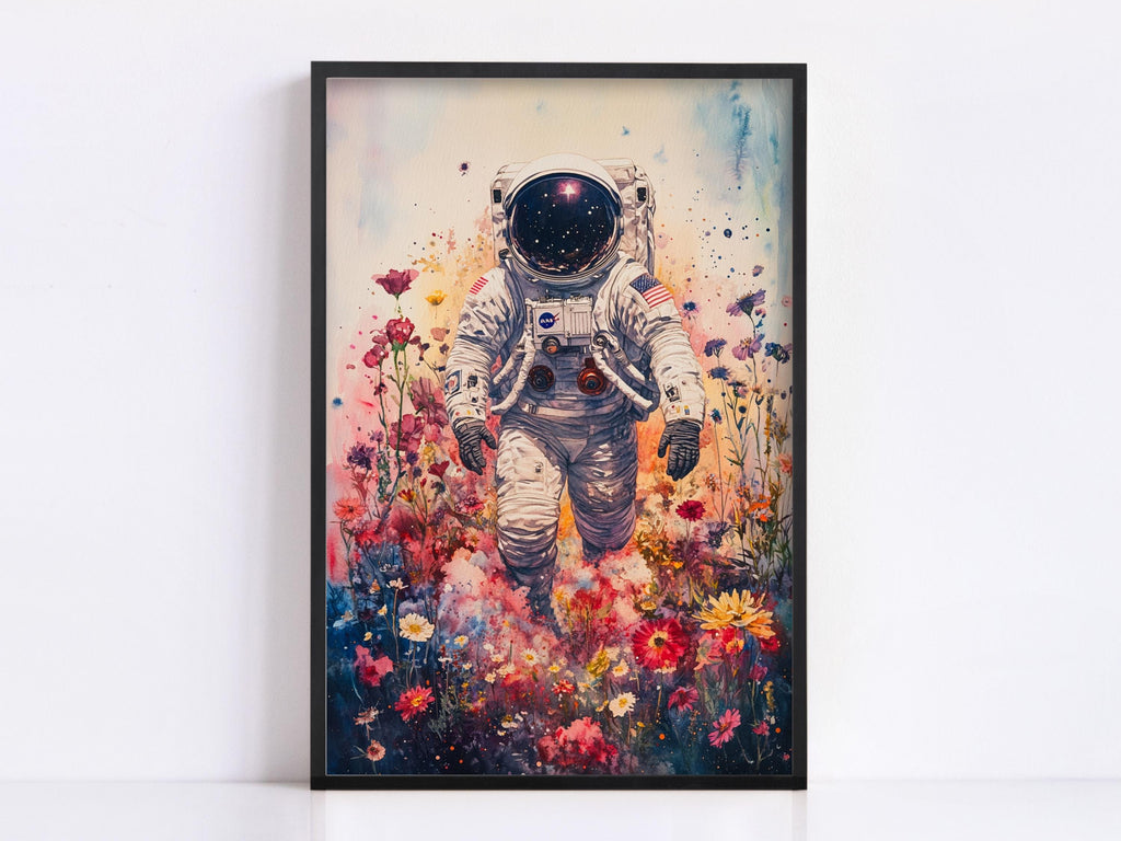 an astronaut floating in a colorful, flower-filled field.