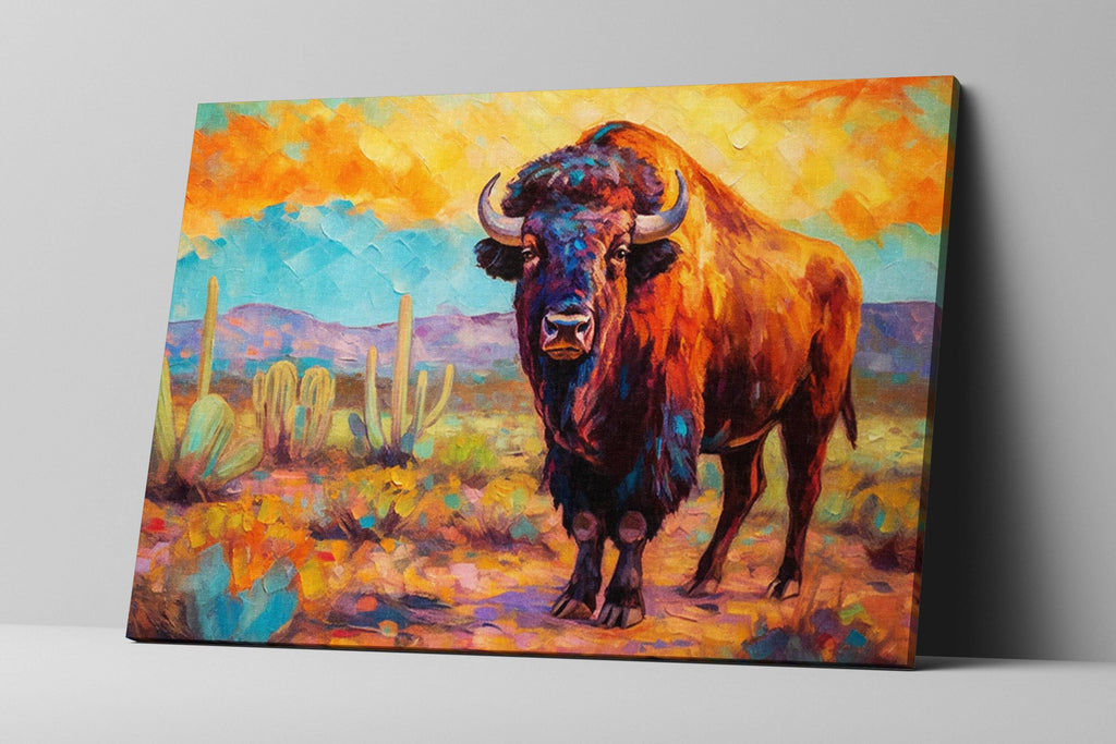 The image is a vibrant painting depicting a large, majestic bison standing in a desert landscape with cacti and mountains in the background.