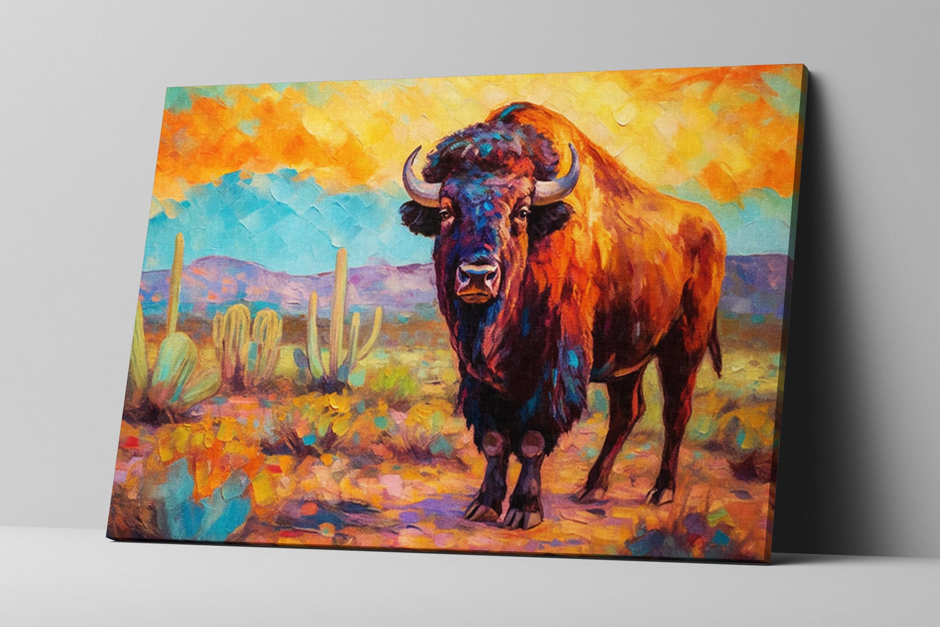 The image is a vibrant painting depicting a large, majestic bison standing in a desert landscape with cacti and mountains in the background.