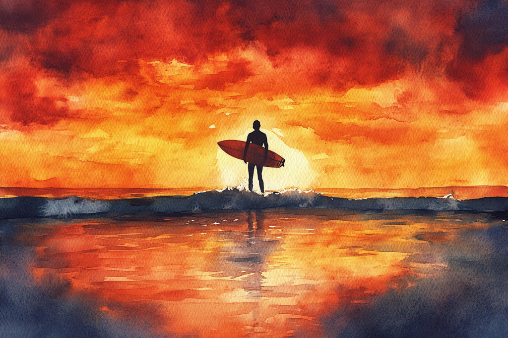 A surfer stands silhouetted against a vibrant sunset, holding a surfboard and gazing out at the ocean.