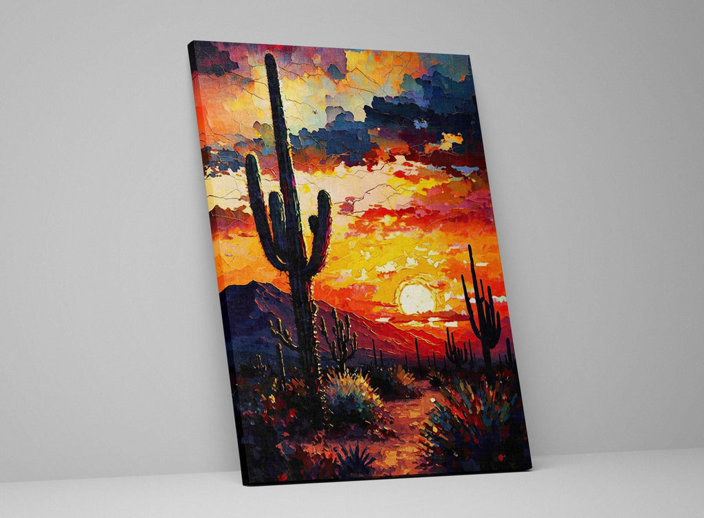 The image is a vibrant painting depicting a desert landscape at sunset. The painting features a cactus in the foreground, with a colorful sky and sun setting behind it. The overall scene is a beautiful representation of the desert landscape during sunset.
