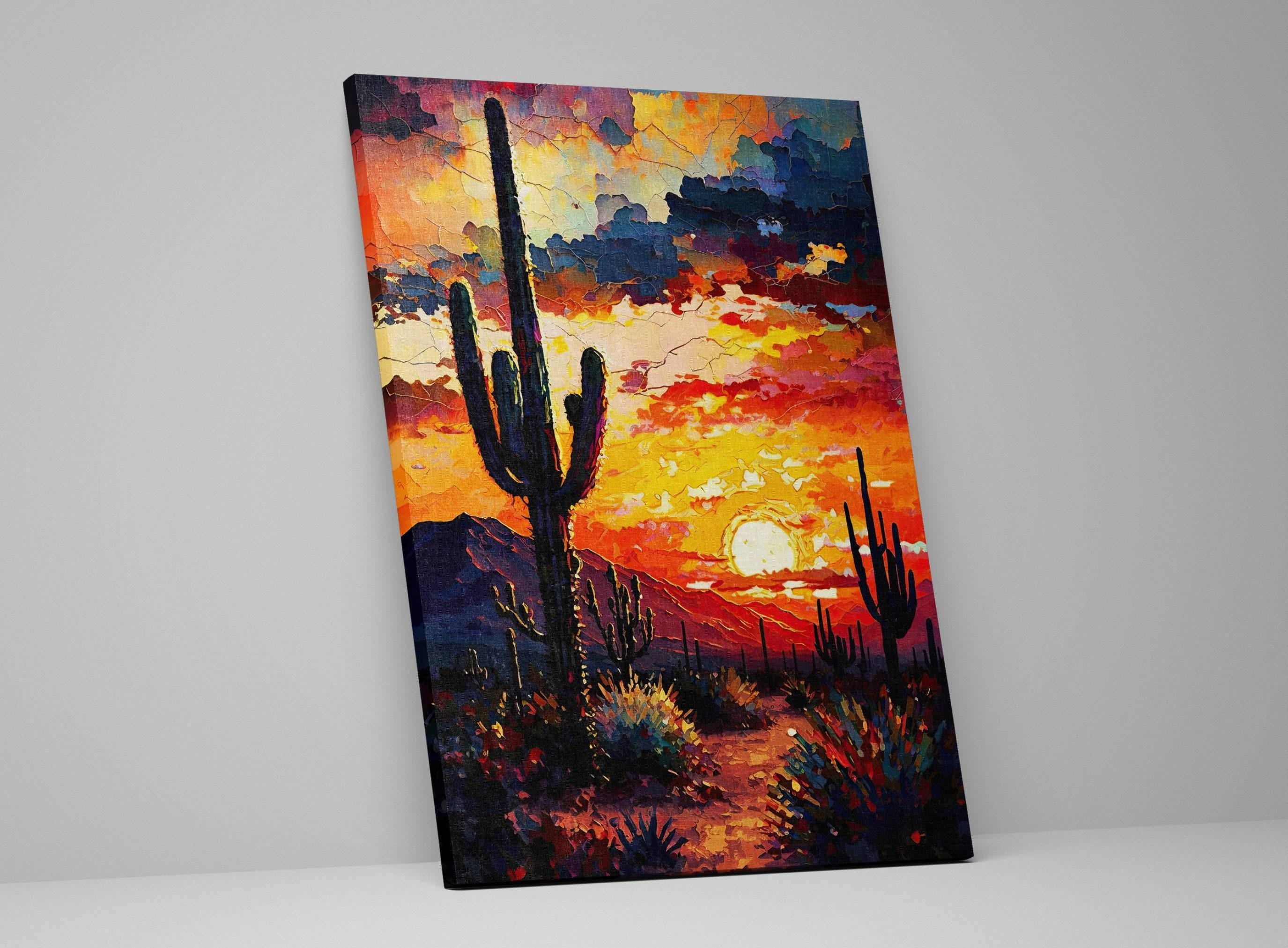 The image is a vibrant painting depicting a desert landscape at sunset. The painting features a cactus in the foreground, with a colorful sky and sun setting behind it. The overall scene is a beautiful representation of the desert landscape during sunset.