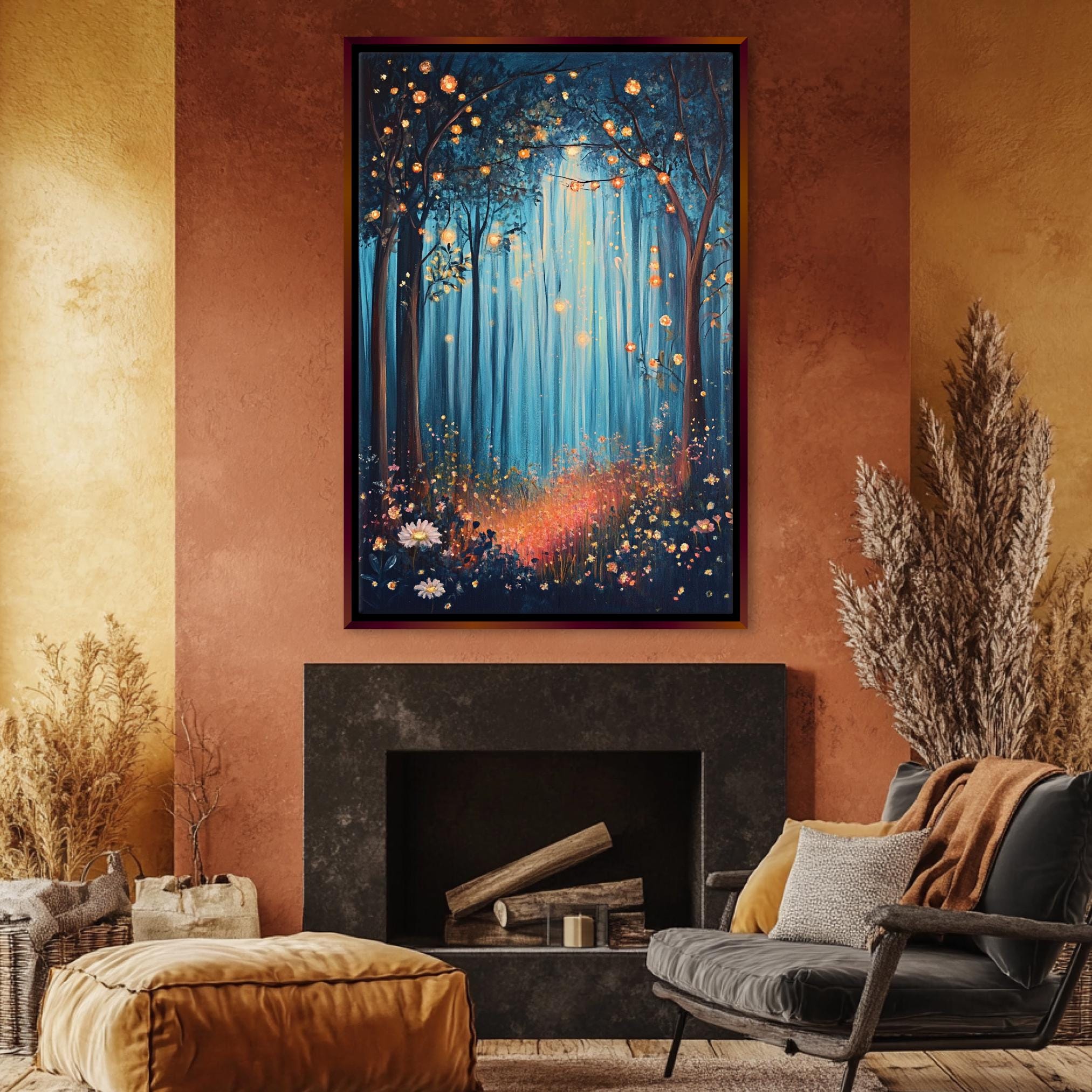 a living room with a fire place and a painting on the wall