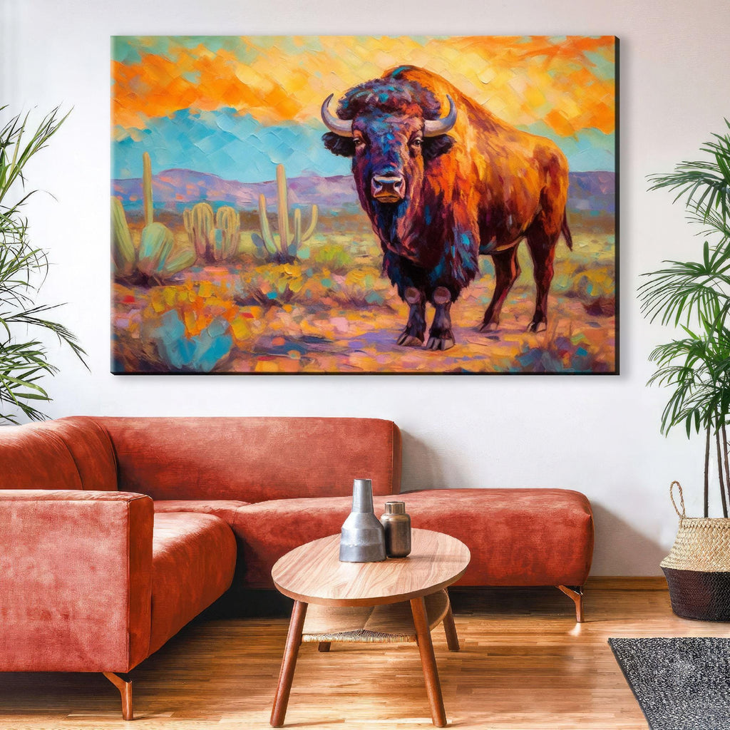 a large painting of a bison in a desert landscape, hanging on a wall above a red sofa and a wooden coffee table.