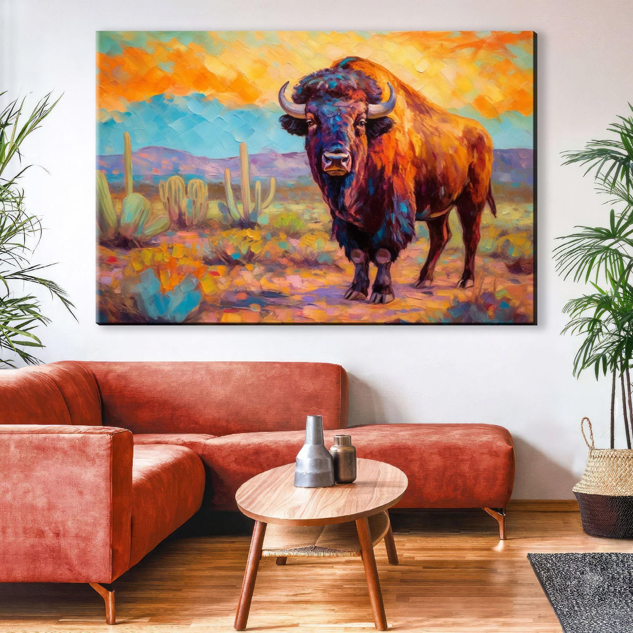 a large painting of a bison in a desert landscape, hanging on a wall above a red sofa and a wooden coffee table.