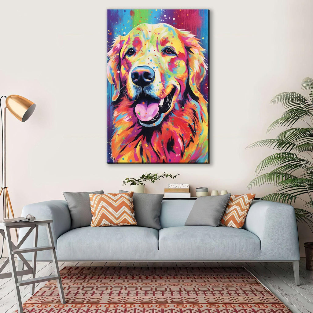 Golden Retriever Canvas - Large Colorful Dog Wall Art Print With Wood Frame