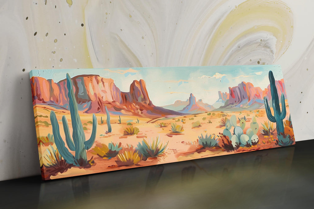 a painting of a desert scene with cactus trees