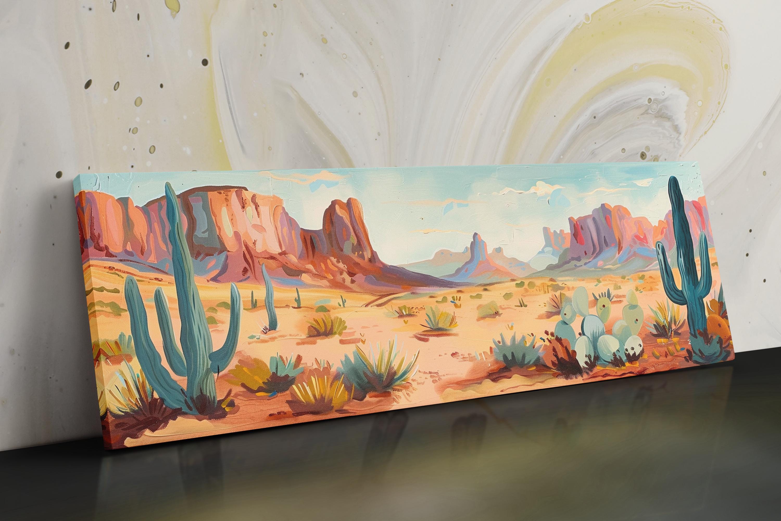 a painting of a desert scene with cactus trees