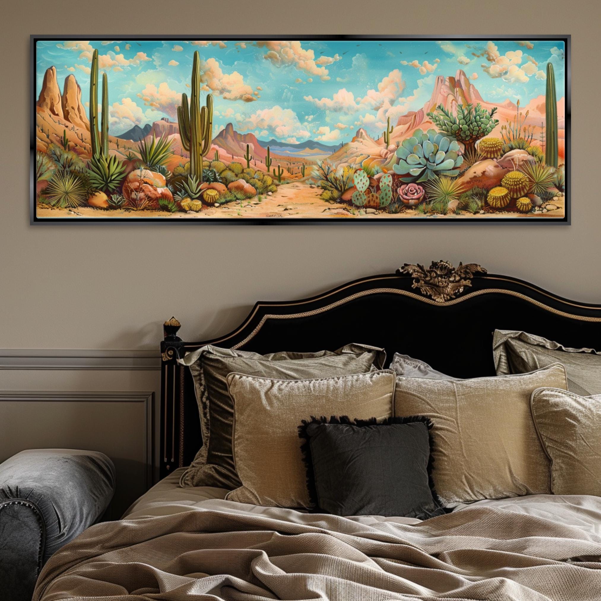 a painting of a desert scene on a wall above a bed