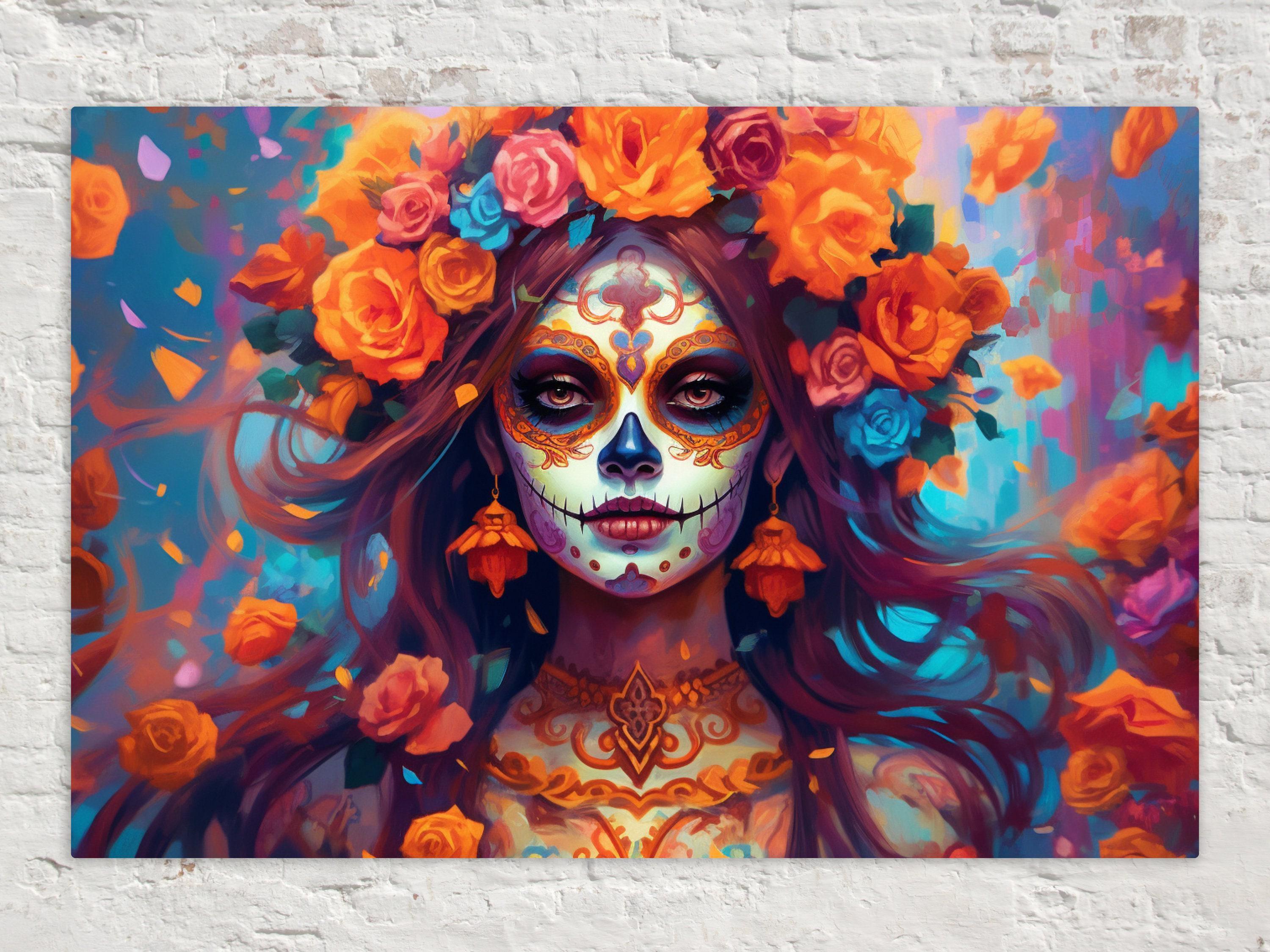 A colorful and vibrant depiction of a woman with a sugar skull face, surrounded by an array of flowers and a bright, lively background.