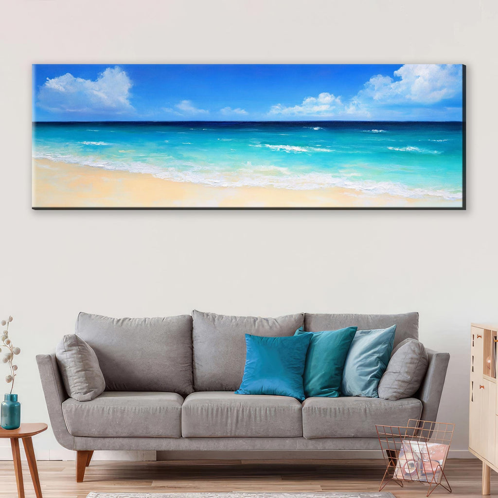 a living room with a couch and a painting on the wall