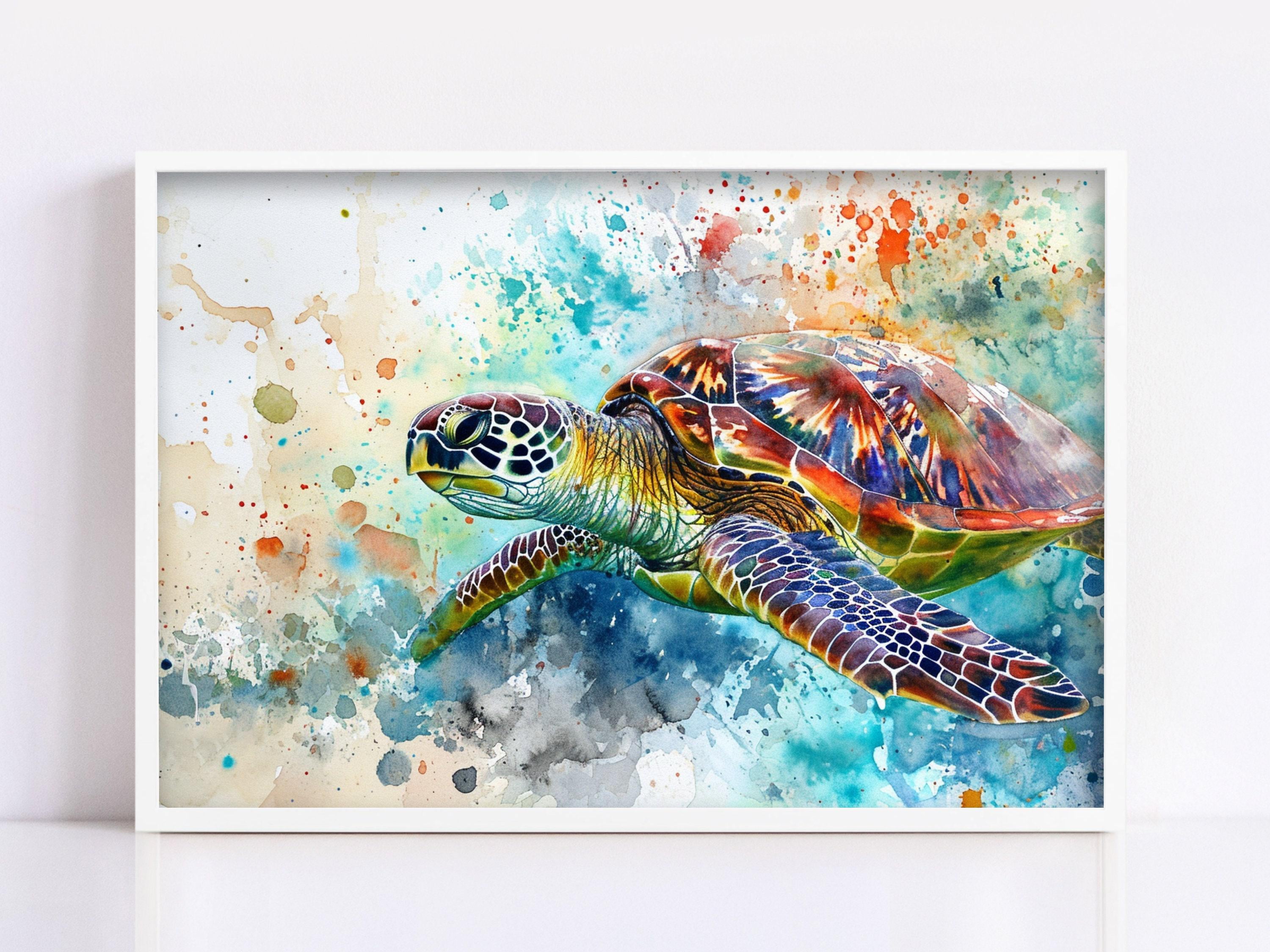 A colorful painting of a sea turtle swimming in the ocean, with splashes of water and paint creating a vibrant and dynamic scene.