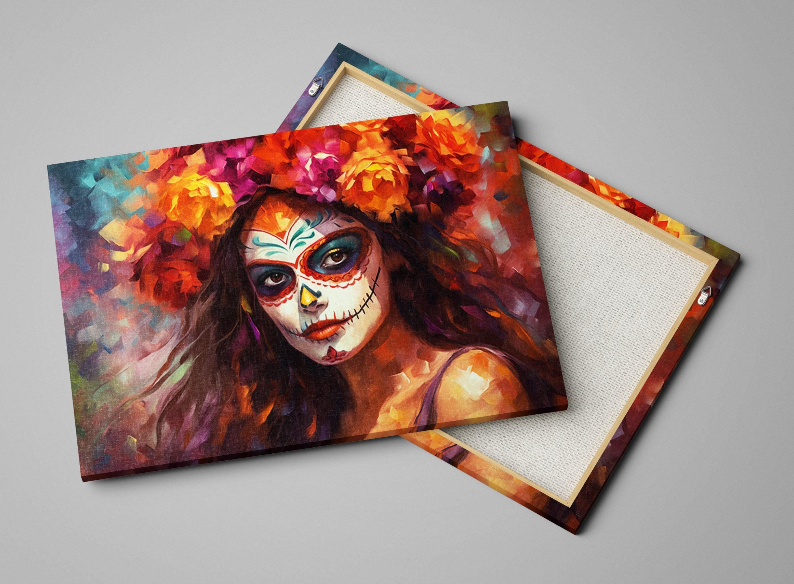 Day of the Dead Art - Mexican Woman Sugar Skull Canvas | Gallery Wrapped Large Floral Skull Decor