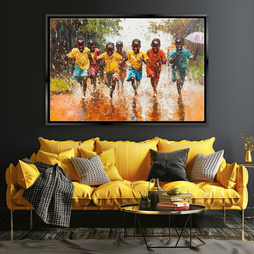 a painting of a group of children running in the rain