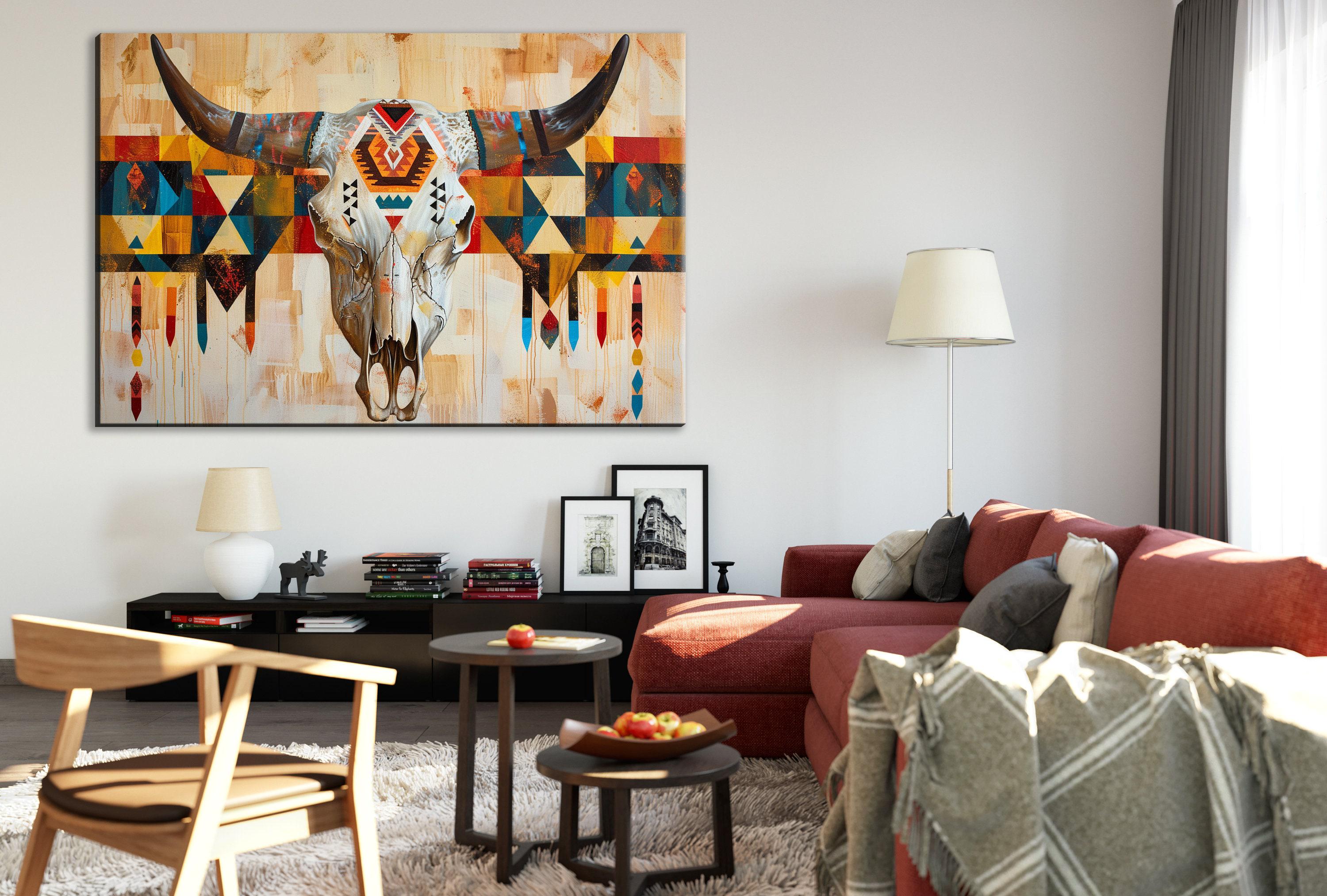 Tribal Cow Skull Art - Native Longhorn Canvas | Large Gallery Wrapped Wall Decor