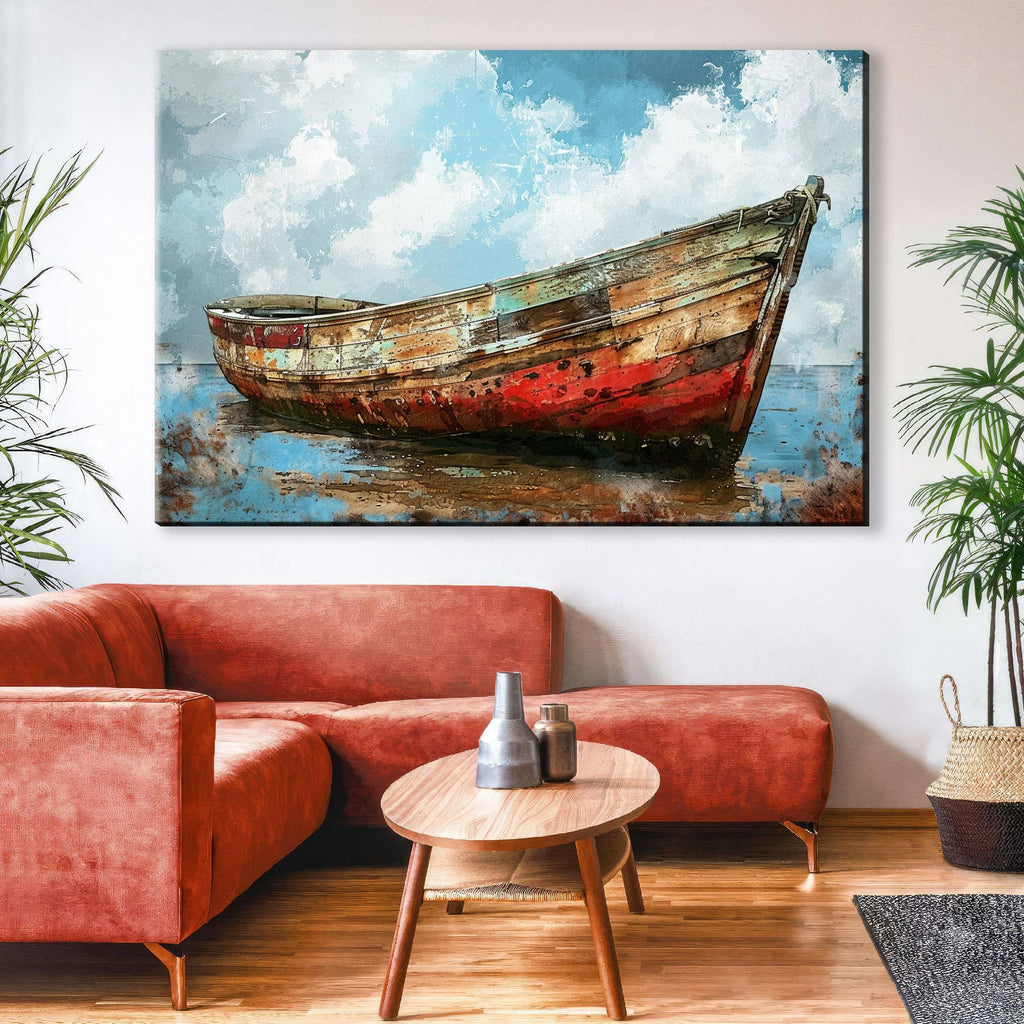 Coastal Boat Wall Art – Large Canvas Art | Old Red White Boat On Gallery Wrapped Canvas